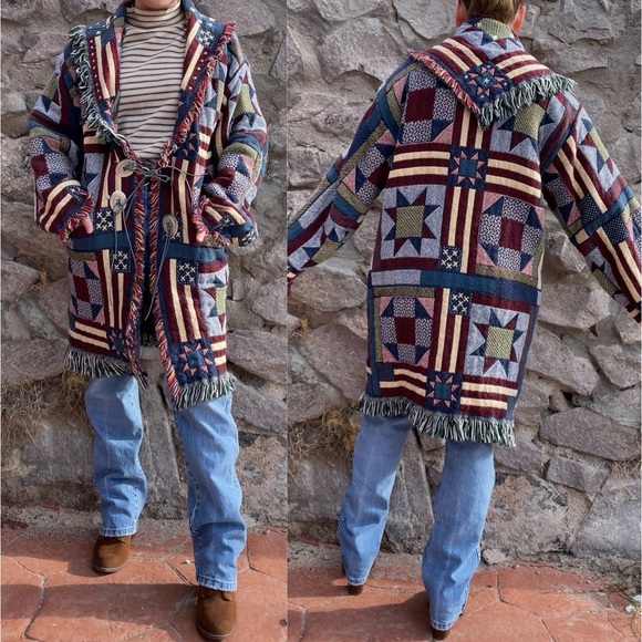 Handcrafted | Reworked Tapestry Fringe Blanket Cardigan Coat Quilt-Look Pattern - Picture 6 of 16